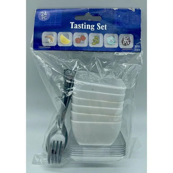 Tasting Party Appetizer Dessert Set Of 6 Mini Plates‎ Bowls Forks & Spoons - Picture 1 of 2